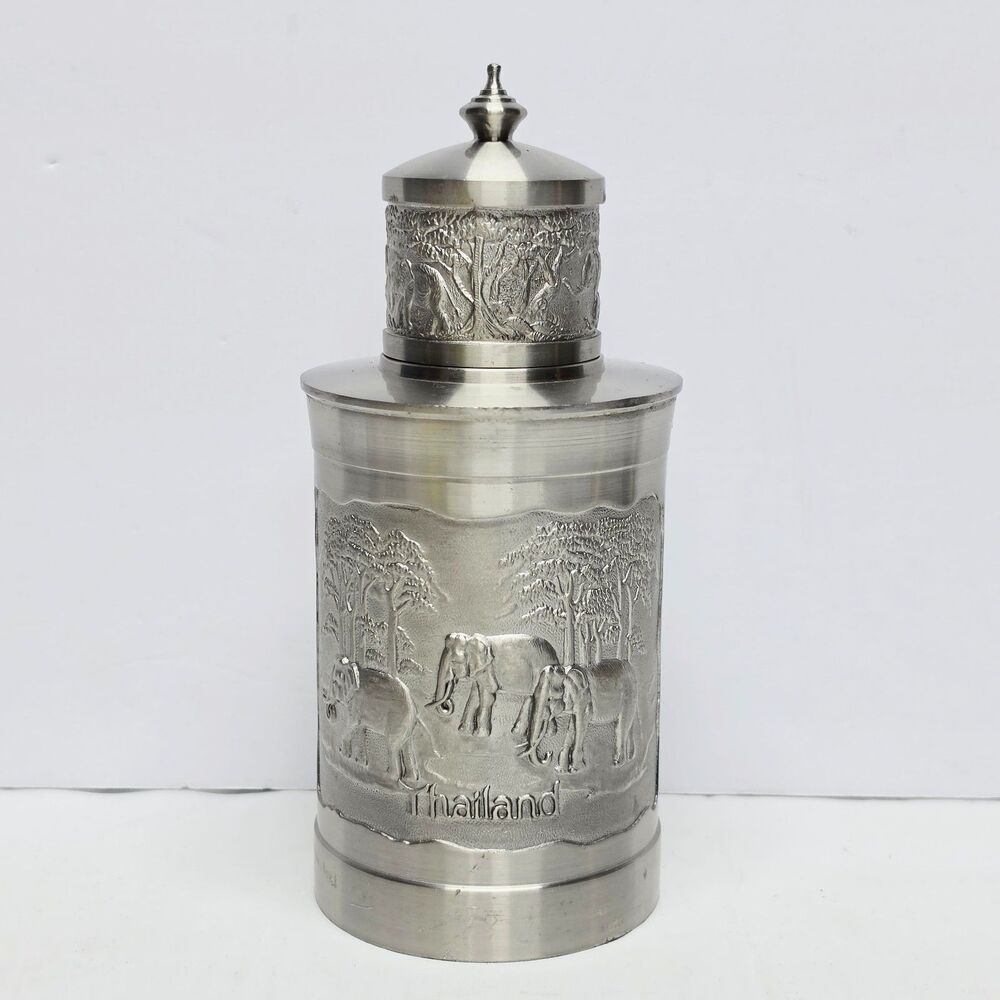 Vintage Bangkok Pewter Thailand Tea Coffee Caddy Container Elephants Embossed
